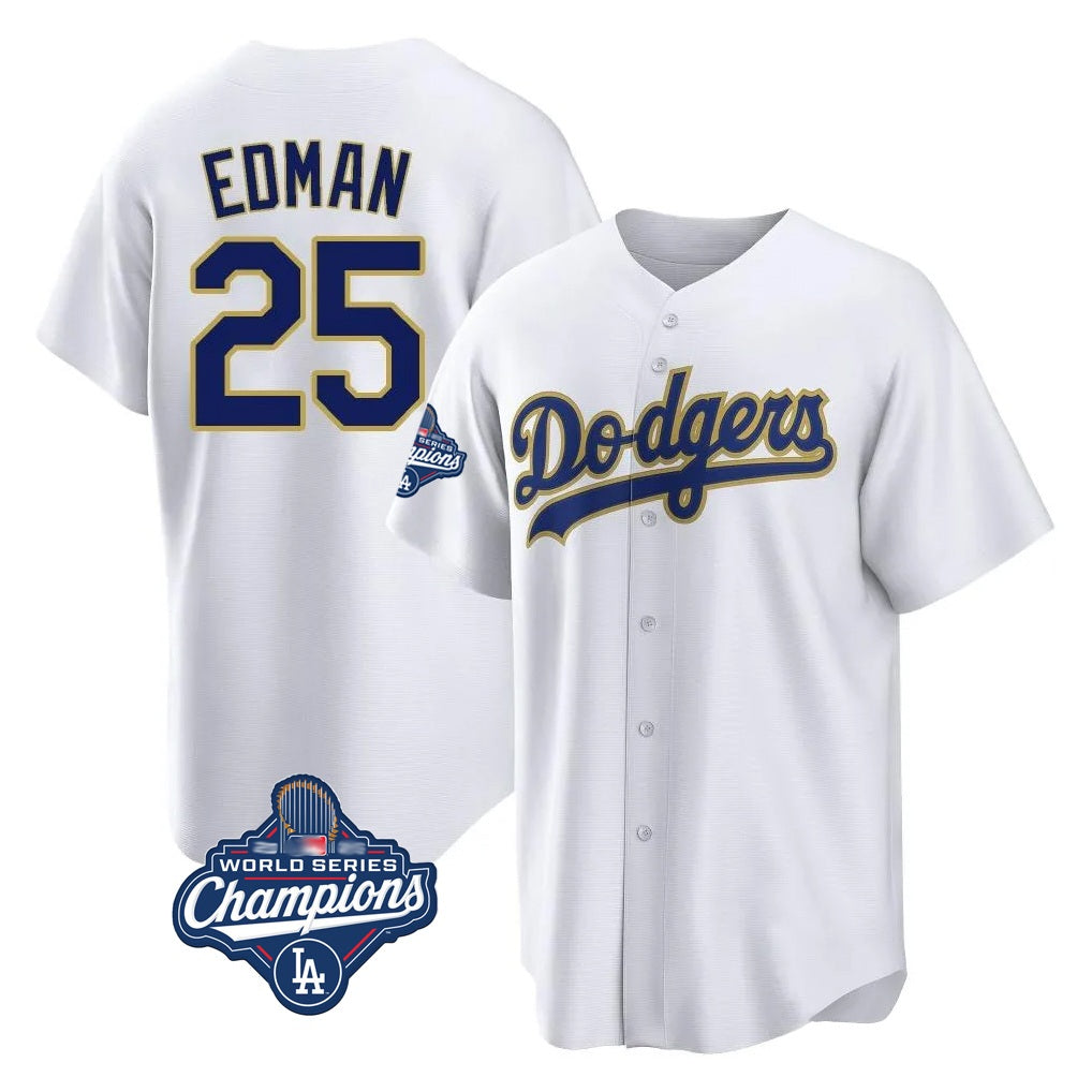Los Angeles Dodgers #25 Tommy Edman Player Gold White AmberGomez World Series Meet 2026 Collection Stadium Game Stitched Jerseys