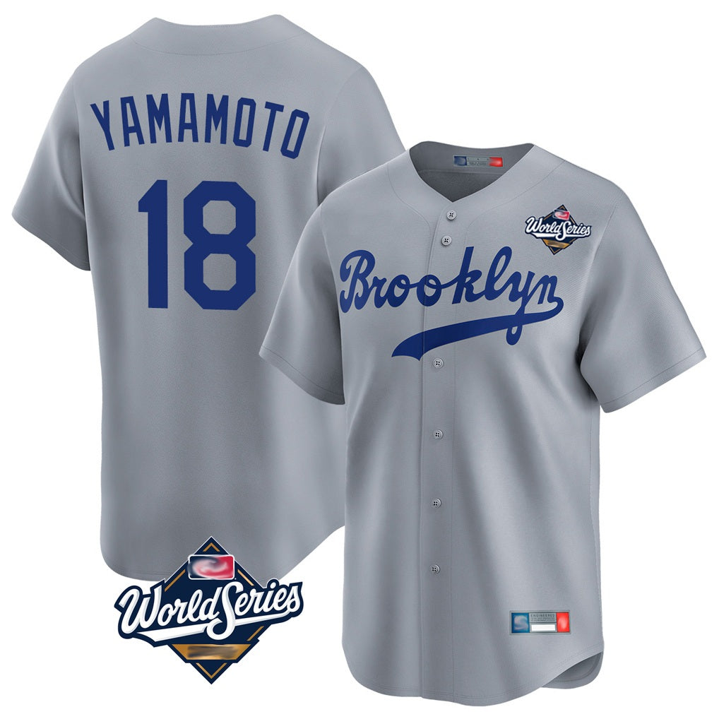 Los Angeles Dodgers #18 Yoshinobu Yamamoto Player Gray AmberGomez World Series Game Limited Home Stitched Jerseys