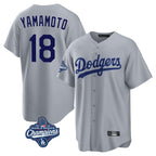 Los Angeles Dodgers #18 Yoshinobu Yamamoto Player Gray AmberGomez World Series Meet Game Stitched Jerseys