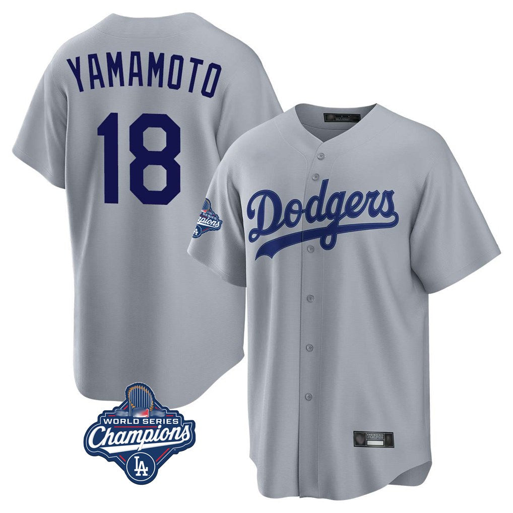 Los Angeles Dodgers #18 Yoshinobu Yamamoto Player Gray AmberGomez World Series Meet Game Stitched Jerseys