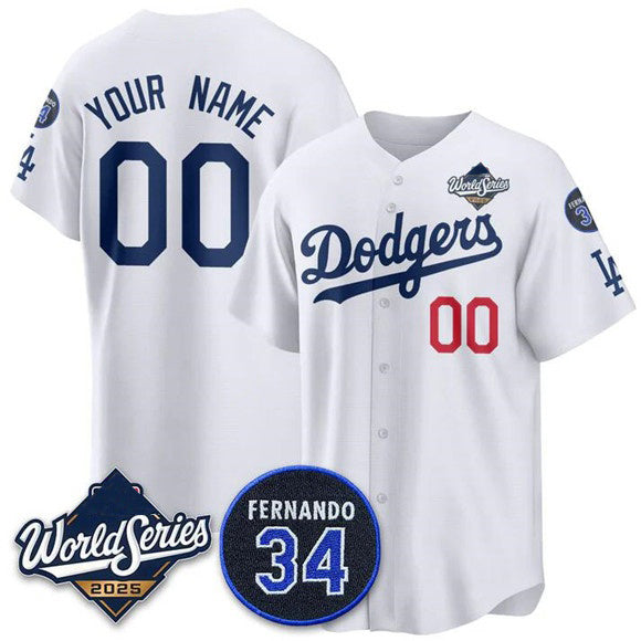 Custom Los Angeles Dodgers ACTIVE PLAYER White AmberGomez 2025 World Series With No. 34 Patch Limited Stitched Jersey