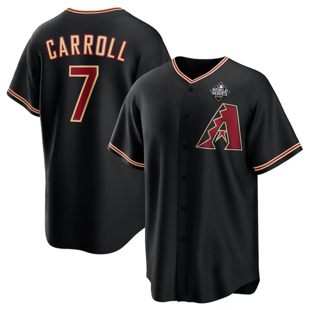 Arizona Diamondbacks #7 Corbin Carroll Black AmberGomez 2023 World Series Cool Base Stitched Jersey