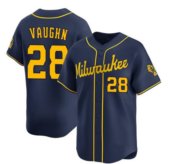 Milwaukee Brewers #28 Andrew Vaughn Navy AmberGomez Alternate Limited Stitched Jersey