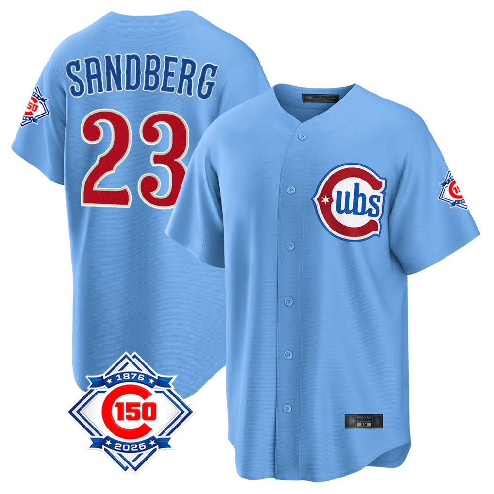 Chicago Cubs #23 Ryne Sandberg Player Light Blue AmberGomez 150th Anniversary Home Game Stitched Jerseys