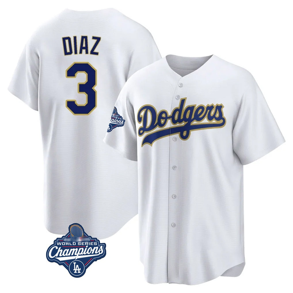 Los Angeles Dodgers #3 Edwin D¨ªaz Player Gold White AmberGomez World Series Meet 2026 Collection Stadium Game Stitched Jerseys