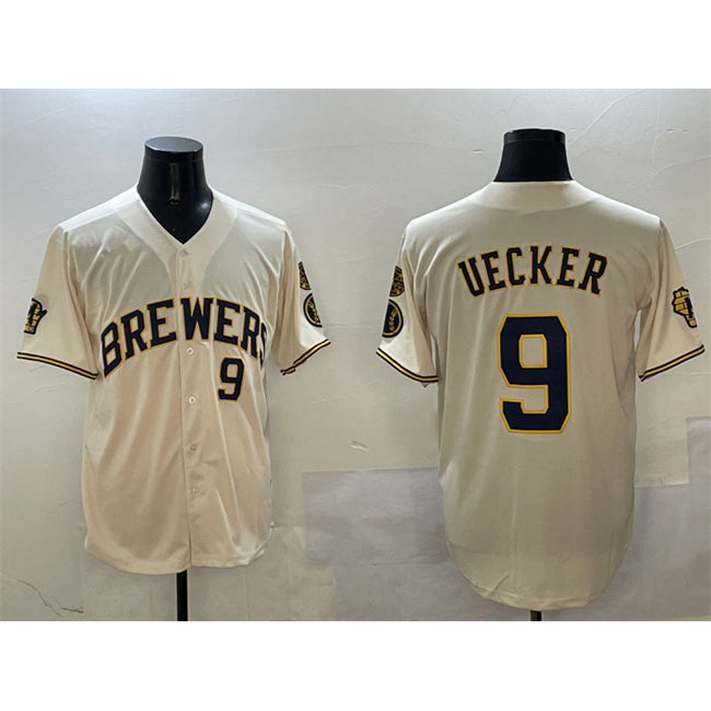 Milwaukee Brewers #9 Bob Uecker Cream AmberGomez With Home Patch Limited Stitched Baseball Jersey