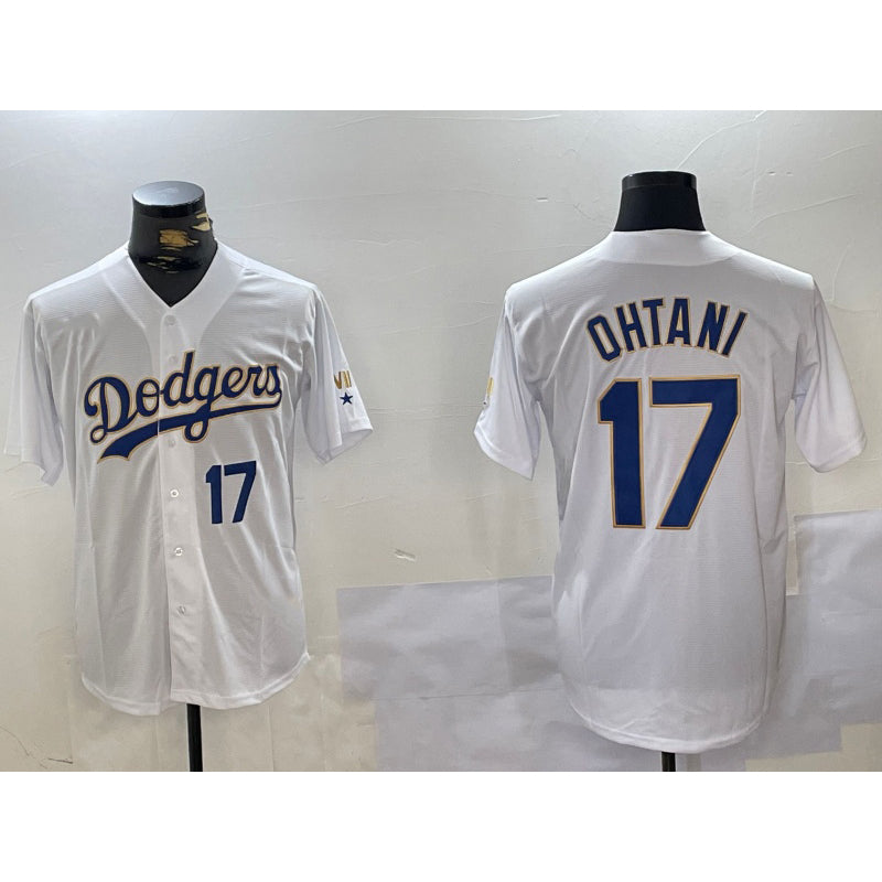 Los Angeles Dodgers #17 Shohei Ohtani Number White Gold AmberGomez Championship Stitched Cool Base Jerseys