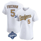 Los Angeles Dodgers #5 Freddie Freeman Player White AmberGomez Gold World Series Meet Limited Elite Home Stitched Jerseys