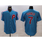 Philadelphia Phillies #7 Trea Turner Blue AmberGomez Cooperstown Throwback Cool Base Jersey