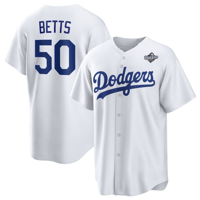 Los Angeles Dodgers #50 Mookie Betts White AmberGomez 2025 World Series Home Cool Base Stitched Jersey