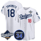 Los Angeles Dodgers #18 Yoshinobu Yamamoto White AmberGomez 2025 World Series With No. 34 Patch Limited Stitched Jersey