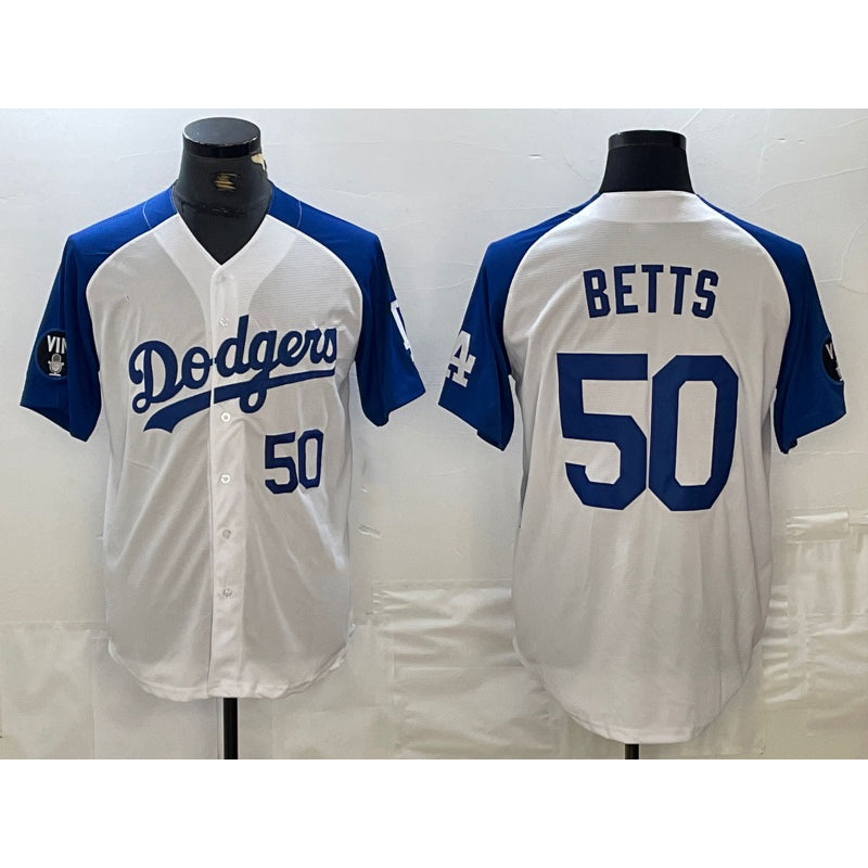 Los Angeles Dodgers #50 Mookie Betts Number White Blue AmberGomez Fashion Stitched Cool Base Limited Jersey 2