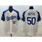 Los Angeles Dodgers #50 Mookie Betts Number White Blue AmberGomez Fashion Stitched Cool Base Limited Jersey 2
