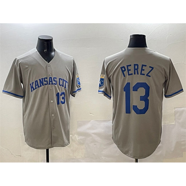 Kansas City Royals #13 Salvador Perez Gray AmberGomez 2024 Away Limited Stitched Jersey