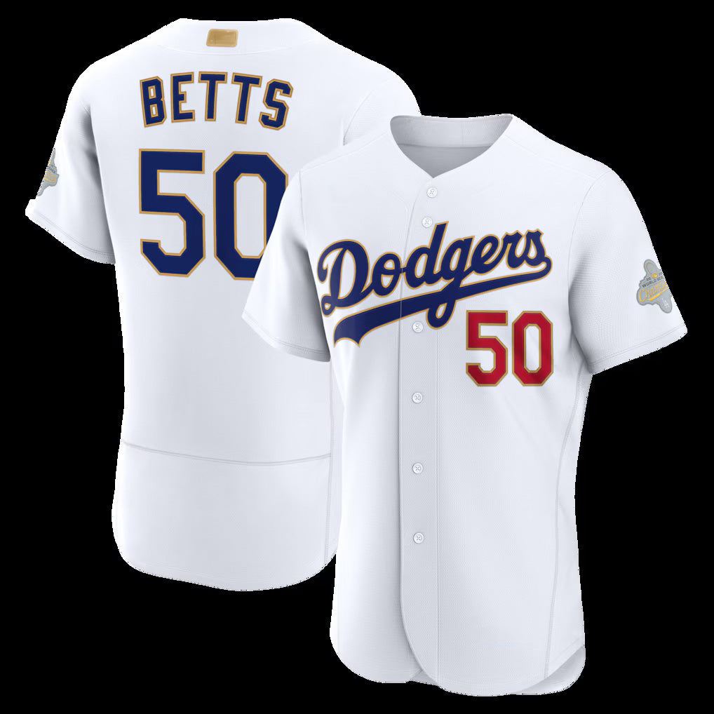 Los Angeles Dodgers #50 Mookie Betts White AmberGomez 2026 Gold Collection Authentic Jersey