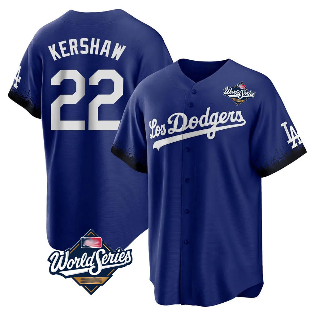 Los Angeles Dodgers #22 Clayton Kershaw Player Royal AmberGomez World Series City Connect Home Game Stitched Jerseys
