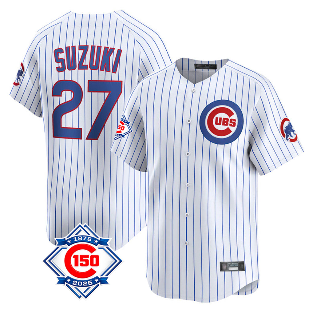Chicago Cubs #27 Seiya Suzuki Player White AmberGomez 150th Anniversary Limited Home Game Stitched Jerseys