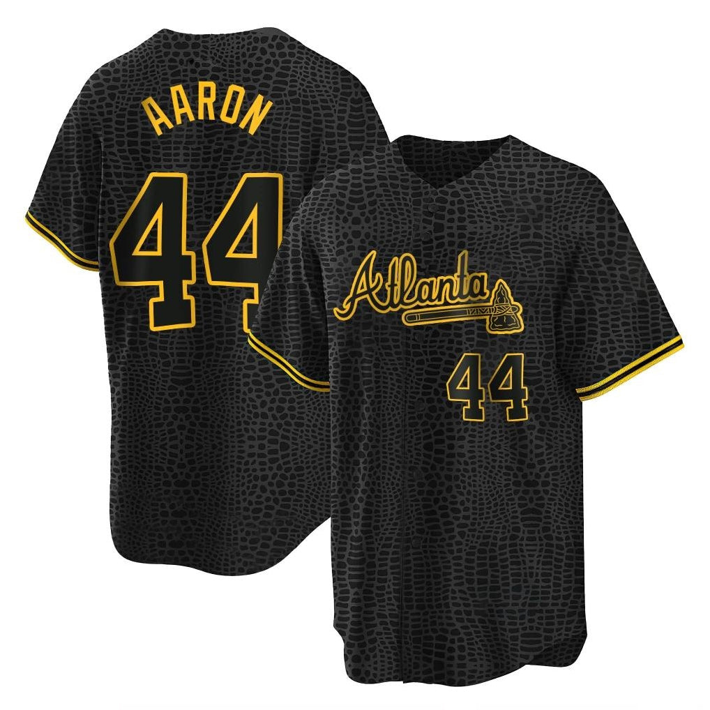 Atlanta Braves #44 Hank Aaron Player Black AmberGomez Snake Skin City Home Game Stitched Jerseys
