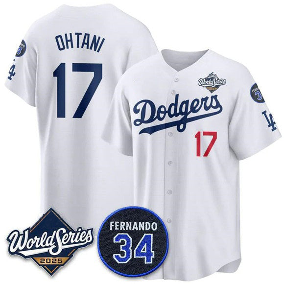 Los Angeles Dodgers #17 Shohei Ohtani White AmberGomez 2025 World Series With No. 34 Patch Limited Stitched Jersey