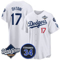 Los Angeles Dodgers #17 Shohei Ohtani White AmberGomez 2025 World Series With No. 34 Patch Limited Stitched Jersey