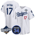 Los Angeles Dodgers #17 Shohei Ohtani White AmberGomez 2025 World Series With No. 34 Patch Limited Stitched Jersey