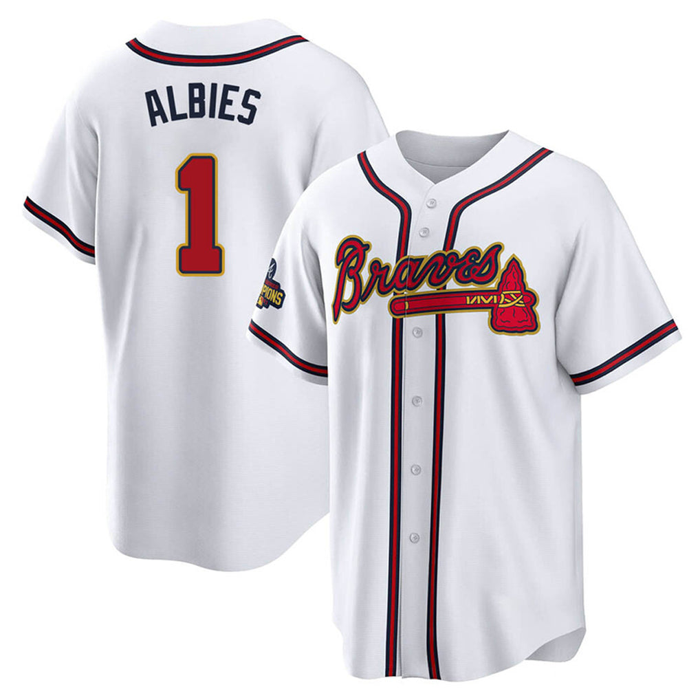 Atlanta Braves #1 Ozzie Albies Player White Gold AmberGomez Home Game Stitched Jerseys