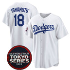 Los Angeles Dodgers #18 Yoshinobu Yamamoto White AmberGomez 2025 World Tour Tokyo Series Home Stitched Jersey