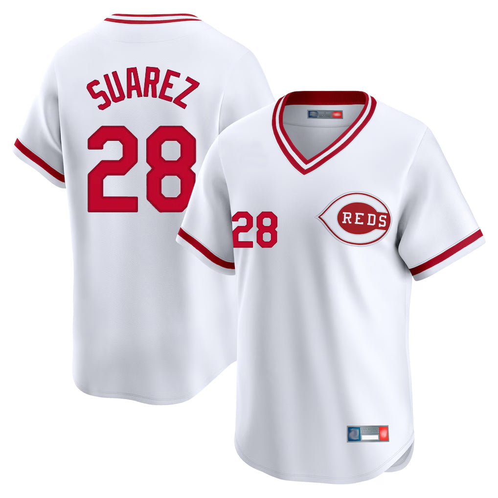 Cincinnati Reds #28 Eugenio Su¨¢rez Player White AmberGomez Cooperstown Collection Limited T-shirt Home Stitched Jerseys
