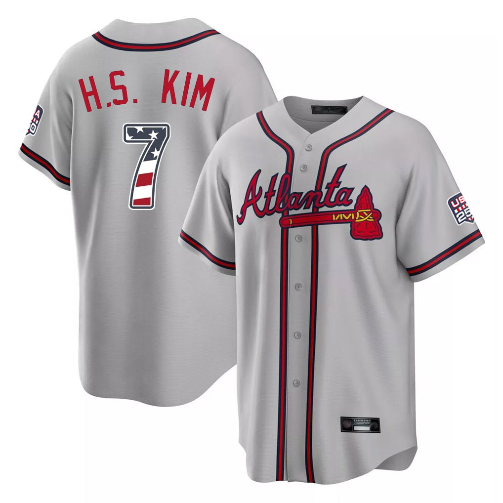 Atlanta Braves #7 Ha-Seong Kim Player Gray AmberGomez USA 250 Fourth Of July Limited Home Game Stitched Jerseys