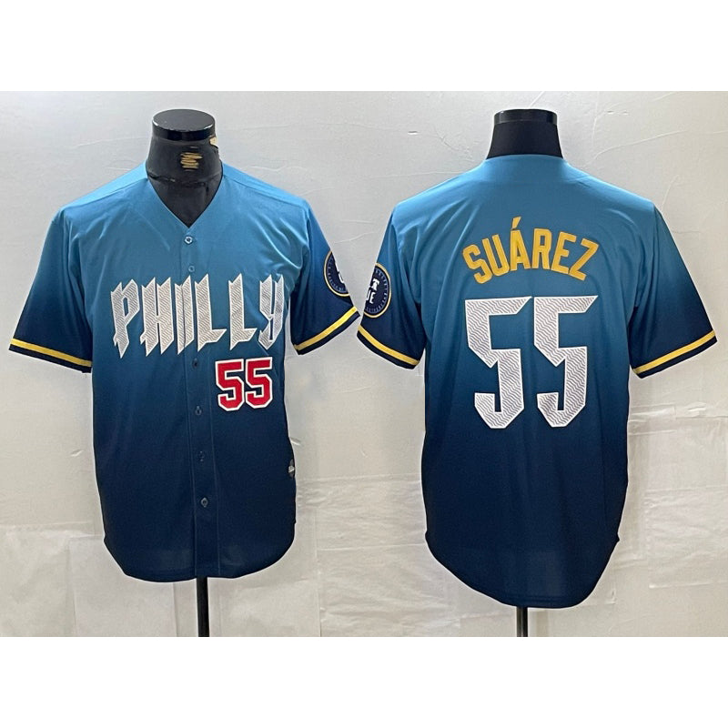 Philadelphia Phillies #55 Ranger Suarez Blue AmberGomez 2024 City Player Number Cool Base Jerseys