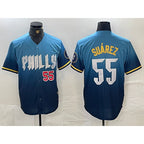 Philadelphia Phillies #55 Ranger Suarez Blue AmberGomez 2024 City Player Number Cool Base Jerseys