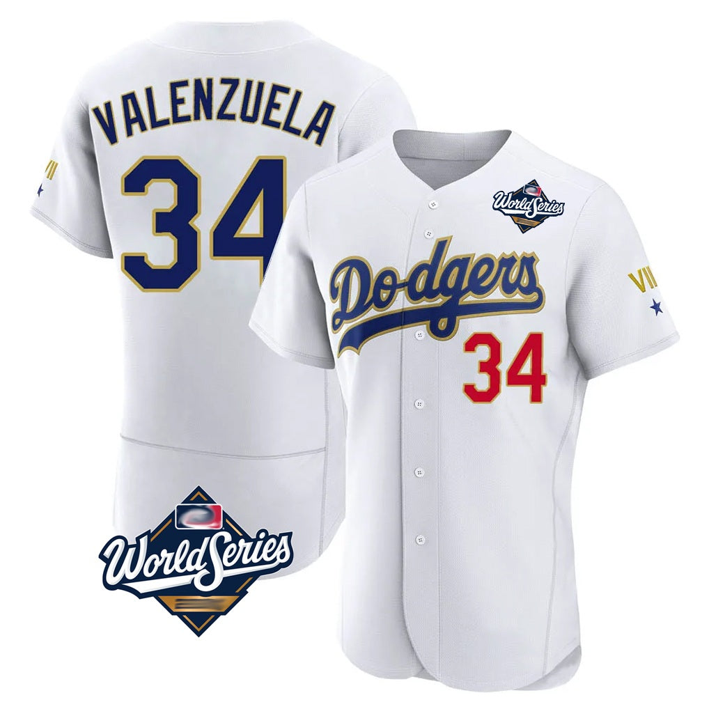 Los Angeles Dodgers #34 Fernando Valenzuela Player Gold White AmberGomez World Series 2026 Collection Stadium Limited Elite Stitched Jerseys