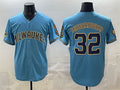 Milwaukee Brewers #32 Jacob Misiorowski Blue AmberGomez With Home & Bob Uecker Patch Stitched Jersey