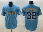 Milwaukee Brewers #32 Jacob Misiorowski Blue AmberGomez With Home & Bob Uecker Patch Stitched Jersey