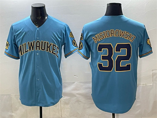 Milwaukee Brewers #32 Jacob Misiorowski Blue AmberGomez With Home & Bob Uecker Patch Stitched Jersey