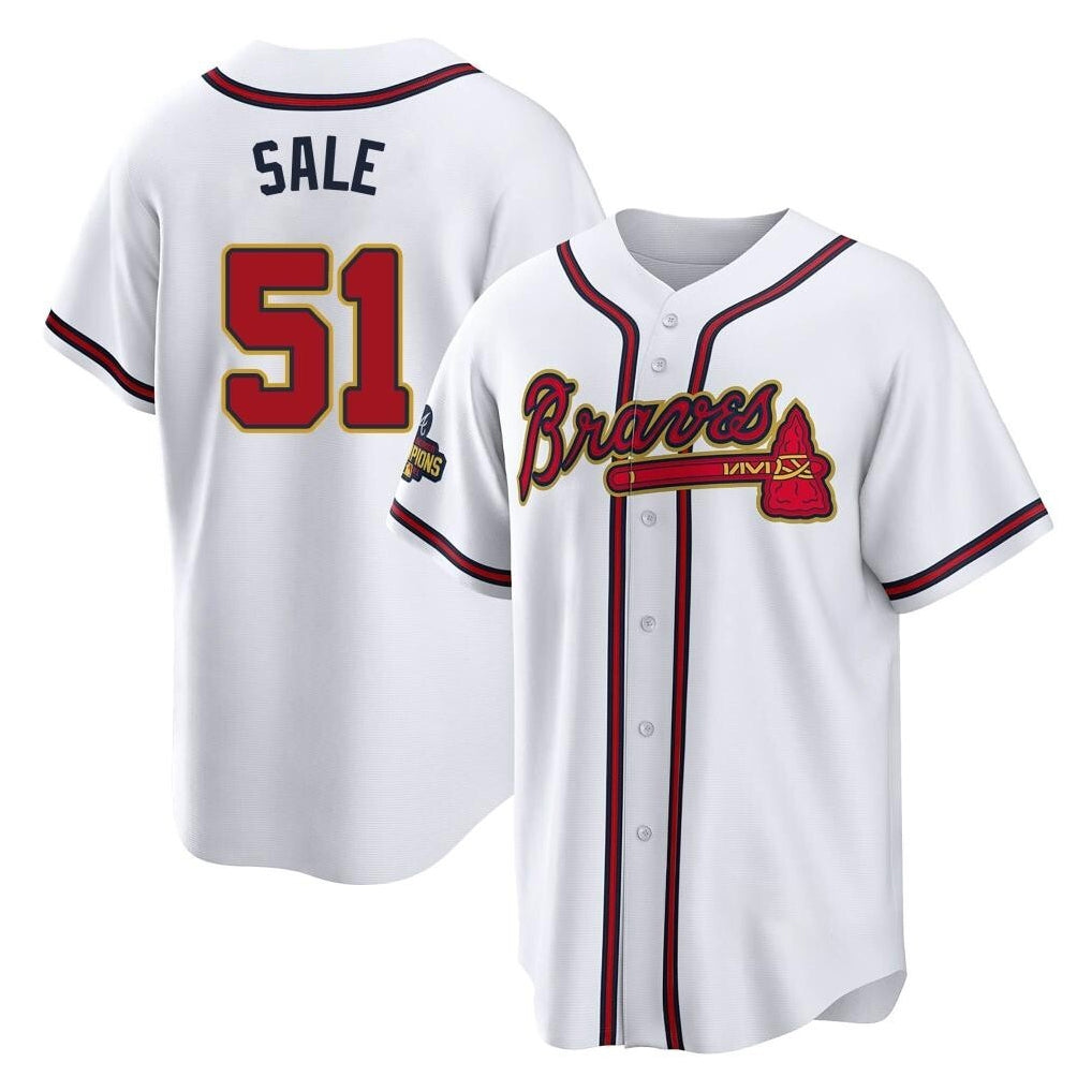 Atlanta Braves #51 Chris Sale Player White Gold AmberGomez Home Game Stitched Jerseys
