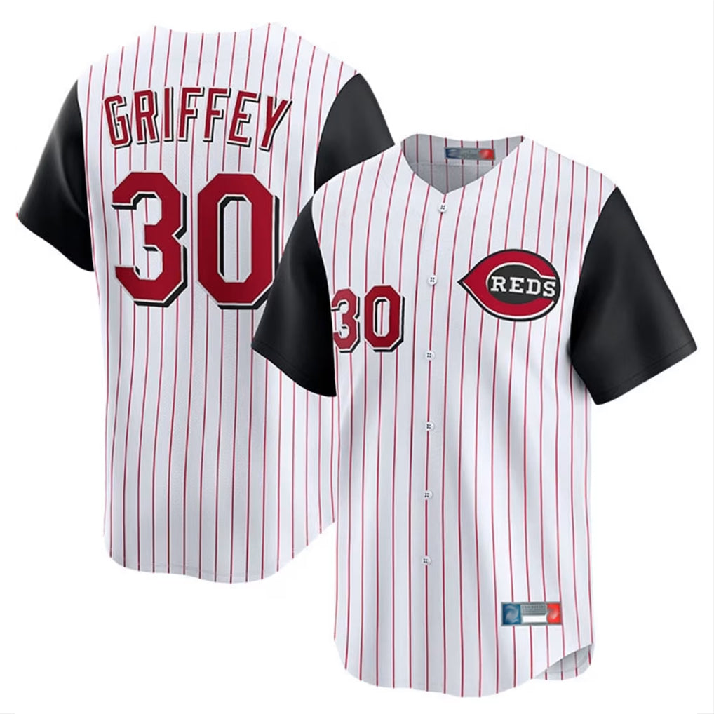 Cincinnati Reds #30 Ken Griffey Player White Black AmberGomez Stripe Field of Dreams Game Home Stitched Jerseys