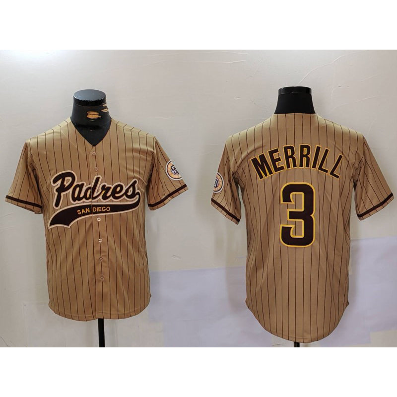 San Diego Padres #3 Jackson Merrill Tan AmberGomez 2023 Cool Base Stitched Jersey 2