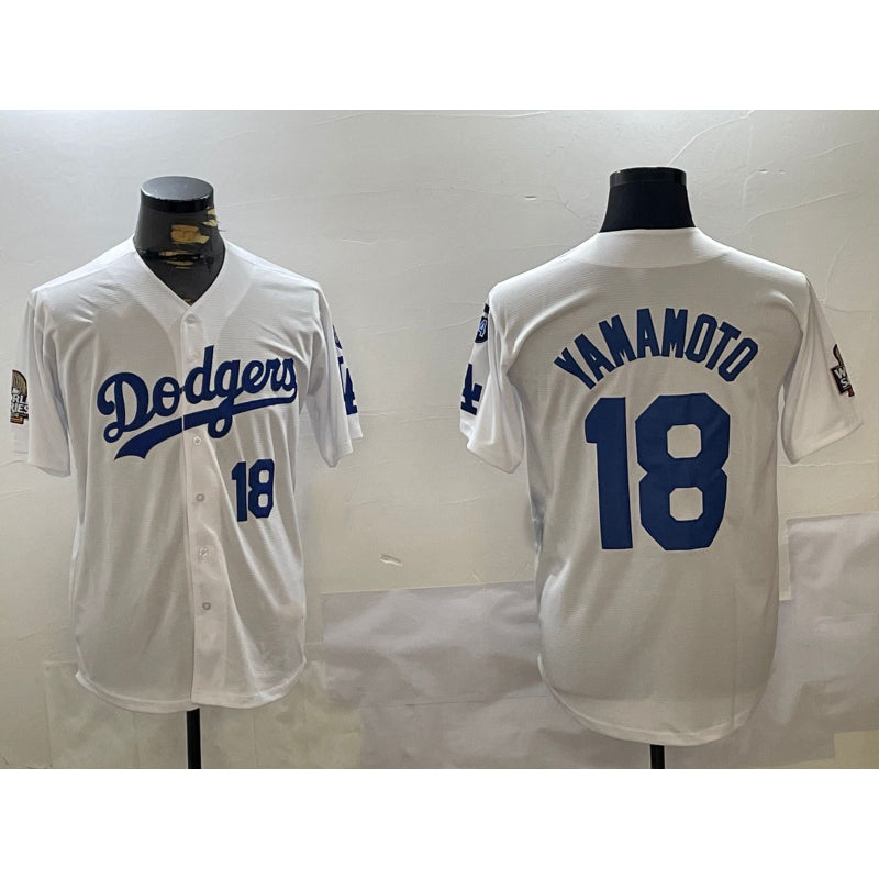 Los Angeles Dodgers #18 Yoshinobu Yamamoto White AmberGomez 2024 World Series With Fernando Memorial Patch Home Limited Stitched Jersey 2