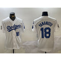 Los Angeles Dodgers #18 Yoshinobu Yamamoto White AmberGomez 2024 World Series With Fernando Memorial Patch Home Limited Stitched Jersey 2