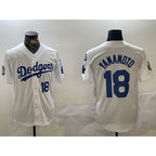 Los Angeles Dodgers #18 Yoshinobu Yamamoto White AmberGomez 2024 World Series With Fernando Memorial Patch Home Limited Stitched Jersey 2