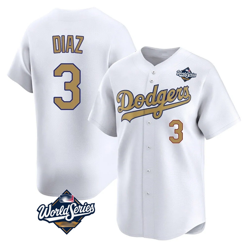 Los Angeles Dodgers #3 Edwin D¨ªaz Player Gold AmberGomez World Series Collection Limited Home Stitched Jerseys