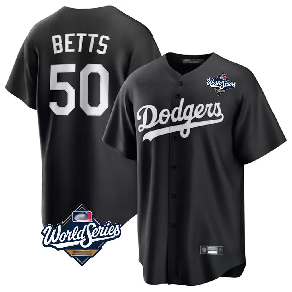 Los Angeles Dodgers #50 Mookie Betts Player Black AmberGomez World Series Carbon Limited Game Stitched Jerseys