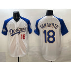 Los Angeles Dodgers #18 Yoshinobu Yamamoto White Royal AmberGomez 2025 World Series Patch Limited Stitched Jersey
