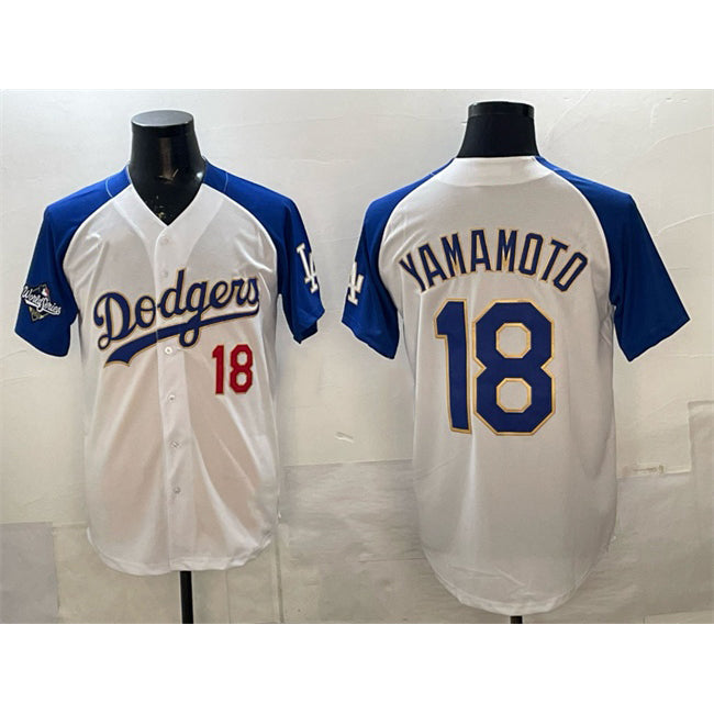 Los Angeles Dodgers #18 Yoshinobu Yamamoto White Royal AmberGomez 2025 World Series Patch Limited Stitched Jersey
