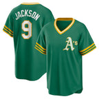 Oakland Athletics #9 Reggie Jackson Kelly Green AmberGomez Road Cooperstown Collection Player Jersey