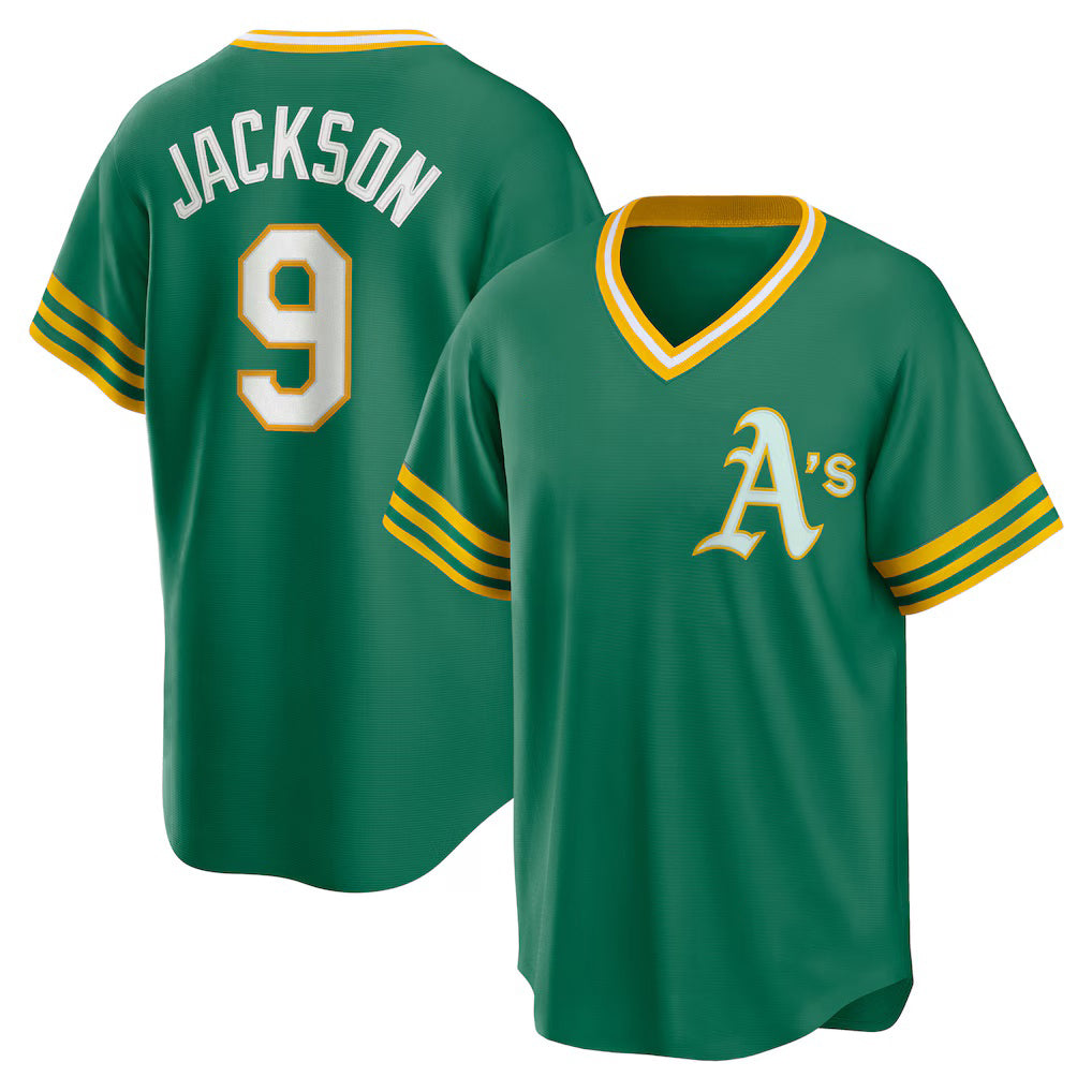 Oakland Athletics #9 Reggie Jackson Kelly Green AmberGomez Road Cooperstown Collection Player Jersey