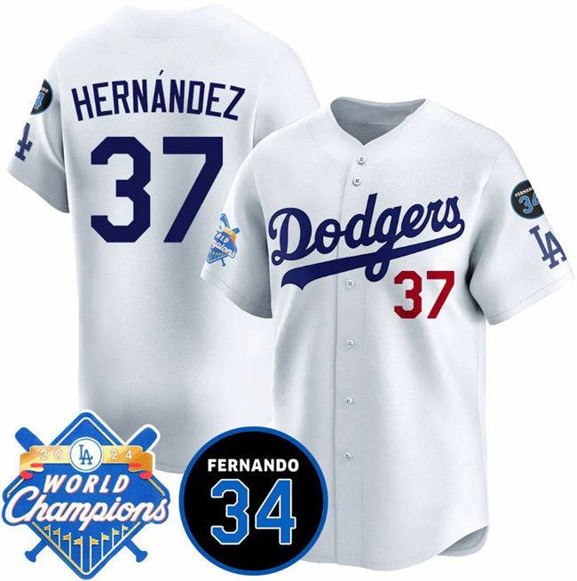 Los Angeles Dodgers #37 Teoscar Hernandez White AmberGomez 2024 World Champions & Fernando Memorial Patch Vapor Premier Home Limited Stitched Jersey