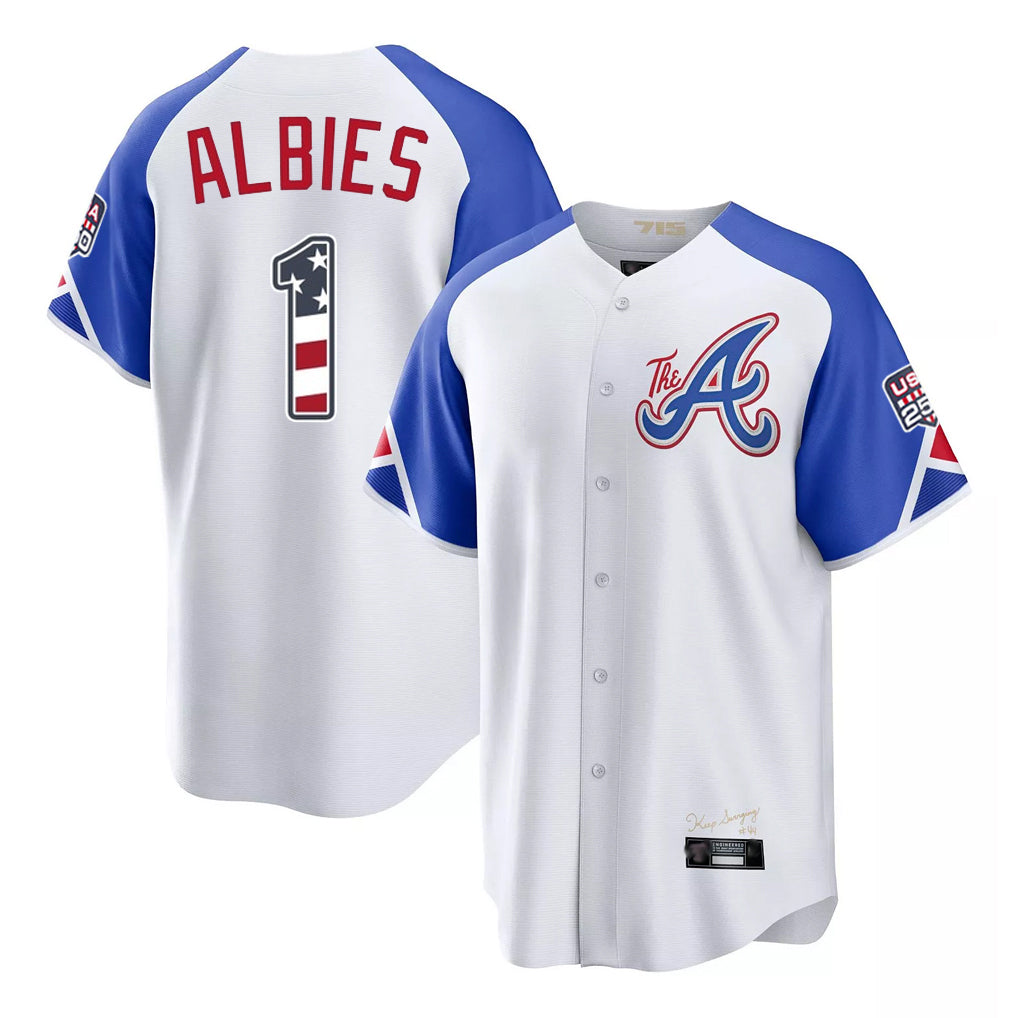Atlanta Braves #1 Ozzie Albies Player White AmberGomez USA 250 Fourth Of July City Connect Home Game Stitched Jerseys