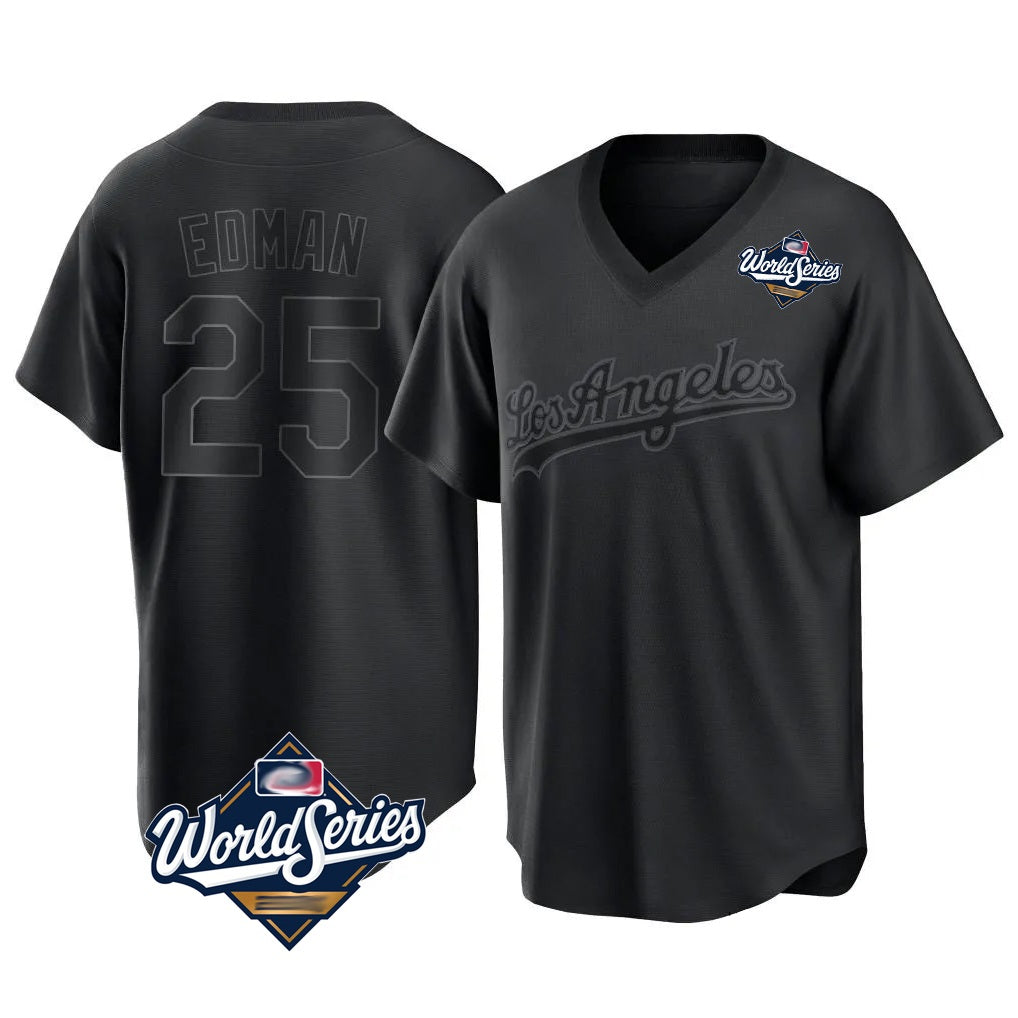 Los Angeles Dodgers #25 Tommy Edman Player Black AmberGomez World Series Pitch Fashion T-shirt Stitched Jerseys
